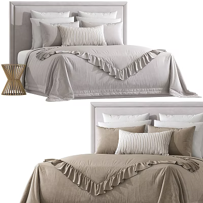 Modern Double Bed Interior With Light Gray Beige Bedding Striped Pillows And Wicker Bedside Table 3d model