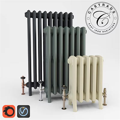 Traditional Cast Iron Radiators in Black Gray Cream with Decorative Valves 3d model