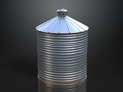 Silver Corrugated Metal Water Tower With Conical Roof And Reflective Base 3d model