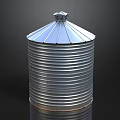 Silver Corrugated Metal Water Tower With Conical Roof And Reflective Base