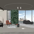 Modern Living Room Interior With Circular Ceiling Light Spiral Staircase City View And Green Plant