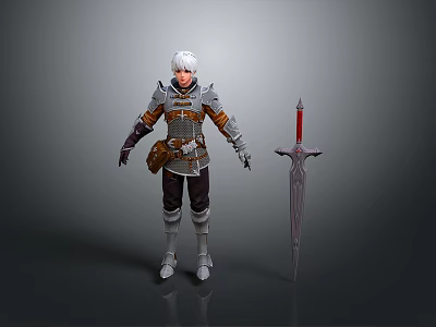 Woman in Detailed Fantasy Warrior Armor with Red Hilted Sword 3d model