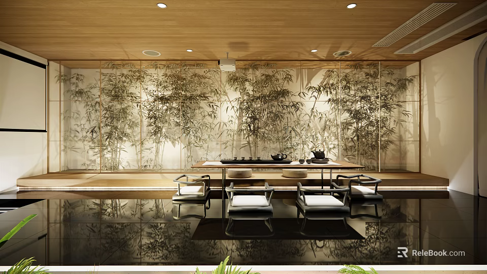 Modern Tea Room Interior Design With Wooden Ceiling Bamboo Wall Art And Water Reflections 3d model 