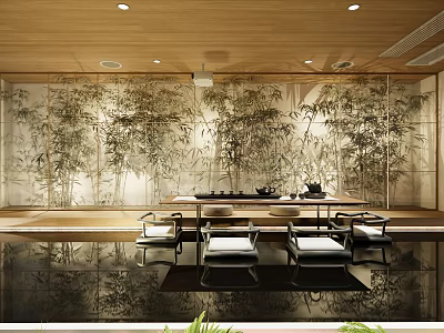 Modern Tea Room Interior Design With Wooden Ceiling Bamboo Wall Art And Water Reflections 3d model