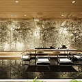 Modern Tea Room Interior Design With Wooden Ceiling Bamboo Wall Art And Water Reflections