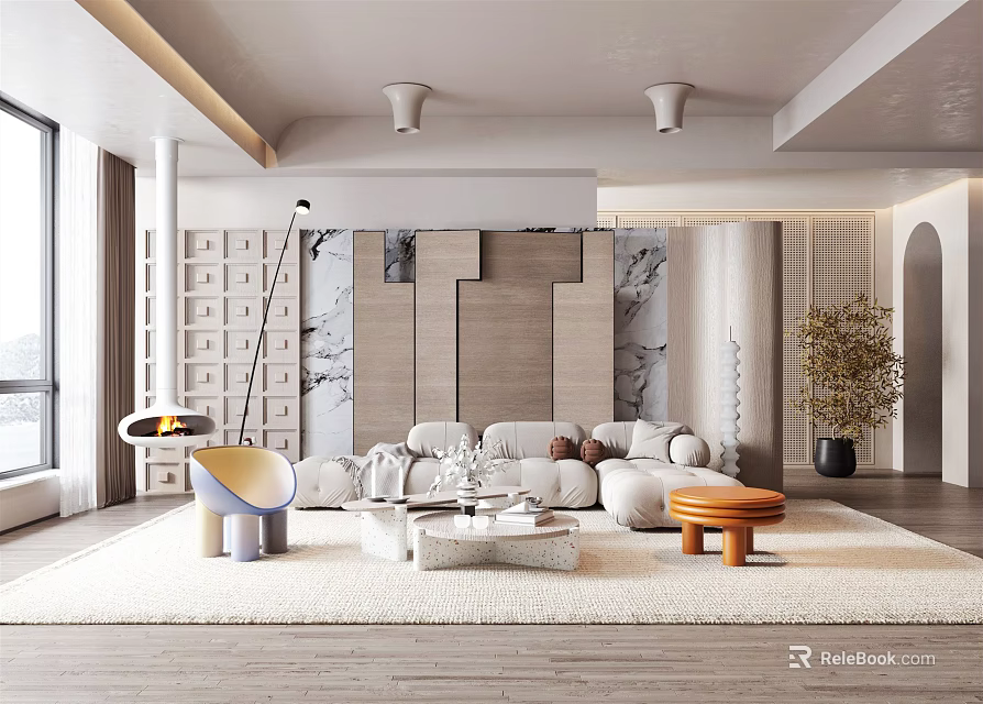 Modern Living Room Interior Design With Light Sofa Rug Large Windows And Decorative Wall 3d model 