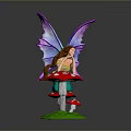 Game Movie Character With Purple Blue Wings Long Brown Hair On Red Mushrooms Green Grass