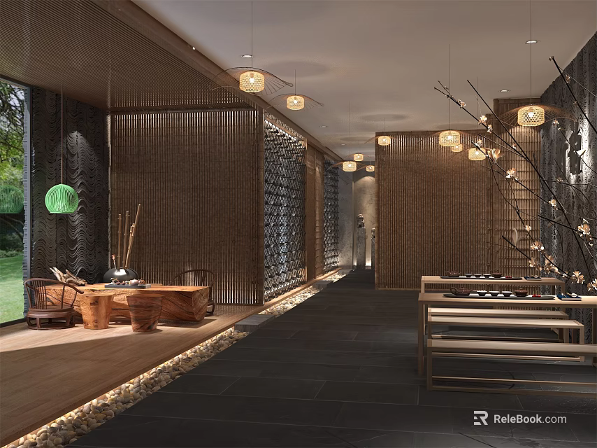 Traditional Teahouse Interior With Wooden Furniture Hanging Lanterns And Natural Decor 3d model 