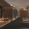 Traditional Teahouse Interior With Wooden Furniture Hanging Lanterns And Natural Decor