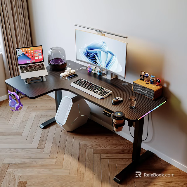 Modern Black Curved Gaming Desk With Dual Monitors Laptop Keyboard Mouse Coffee Cup And Speaker 3d model 