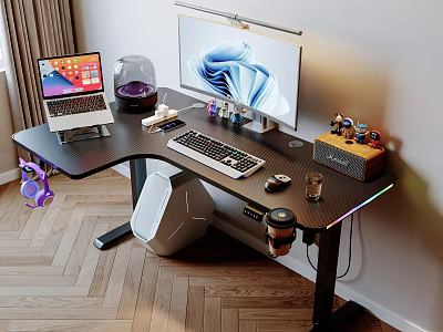 Modern Black Curved Gaming Desk With Dual Monitors Laptop Keyboard Mouse Coffee Cup And Speaker 3d model