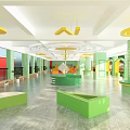 Vibrant Kids Activity Space With Green Pillars Text Yellow Decorations And Large Dice
