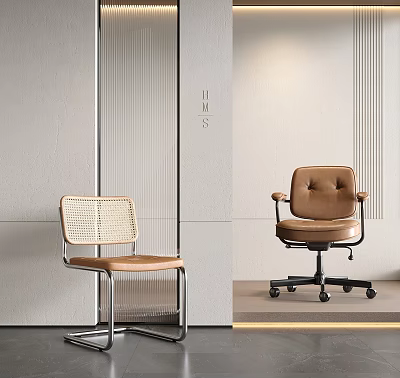 Modern Office Chair with Wicker Back Leather Seat and Wheeled Base in Minimalist Interior 3d model