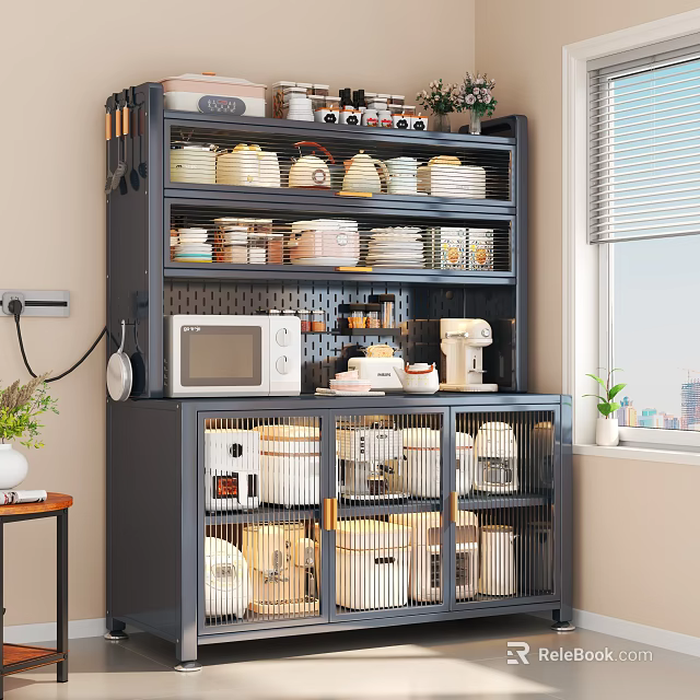 Modern Spacious Kitchen Sideboard Cabinet With Multitier Display Shelves For Organizing Dishes And Small Appliances 3d model 