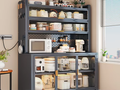 Modern Spacious Kitchen Sideboard Cabinet With Multitier Display Shelves For Organizing Dishes And Small Appliances 3d model