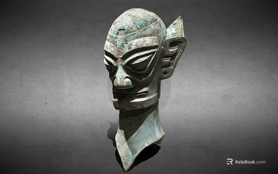 Ancient Bronze Mask Sculpture With Unique Facial Features And Ear Design 3d model 