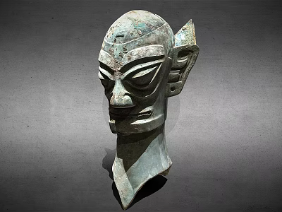 Ancient Bronze Mask Sculpture With Unique Facial Features And Ear Design 3d model