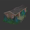 Red Brick Wooden House With Black Roof Windows And Wooden Deck Surrounded by Greenery