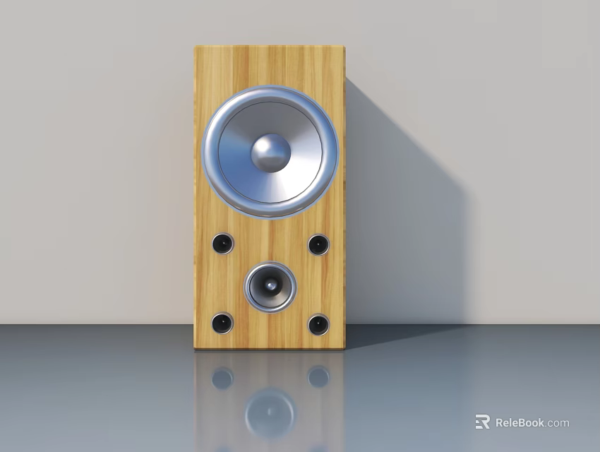 Wooden Speaker With Silver Cone And Black Holes On Reflective Surface 3d model 