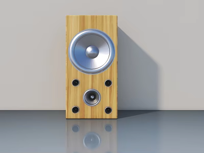 Wooden Speaker With Silver Cone And Black Holes On Reflective Surface 3d model