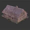 Traditional Wooden Building Exterior With Thatch Roof And Green Grass Around
