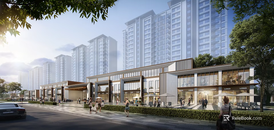 Modern Sales Office Building With Glass Facade And High Rise Buildings Nearby 3d model 