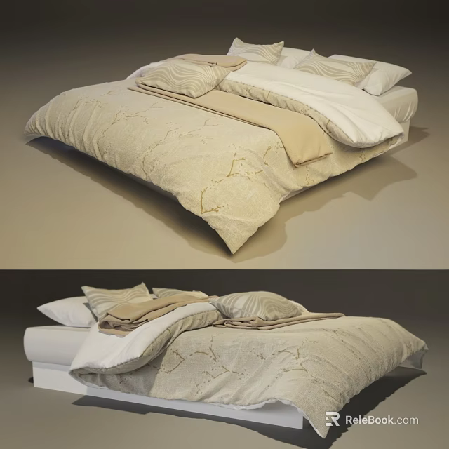 Elegant Double Bed Bedding With Beige Bedspread White Pillows And Cream Blanket 3d model 