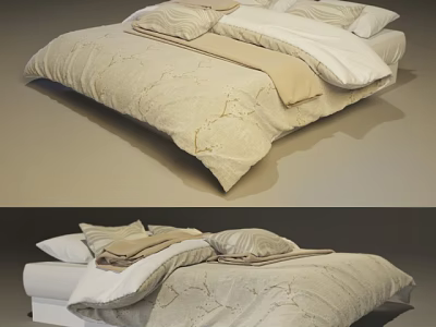 Elegant Double Bed Bedding With Beige Bedspread White Pillows And Cream Blanket 3d model