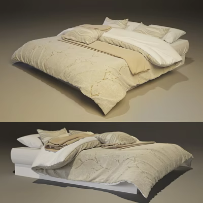 Elegant Double Bed Bedding With Beige Bedspread White Pillows And Cream Blanket 3d model