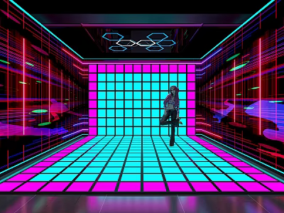 Modern Dance Hall With Neon Lighting Colorful Grid Floor And Geometric Decor 3d model