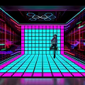 Modern Dance Hall With Neon Lighting Colorful Grid Floor And Geometric Decor