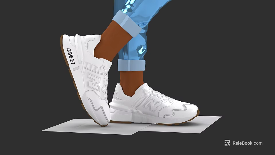 White Casual Sports Sneakers With Brown Soles And Blue Rolled Jeans Cuffs 3d model 