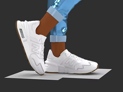 White Casual Sports Sneakers With Brown Soles And Blue Rolled Jeans Cuffs 3d model