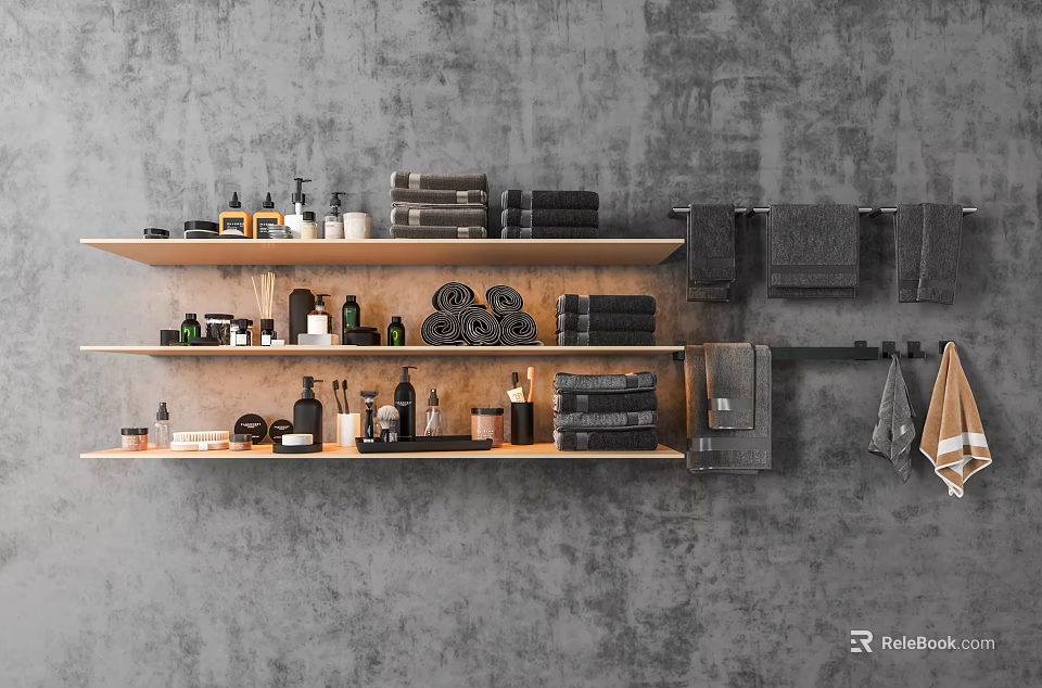 Stylish Bathroom Accessories Display On Wooden Shelves With Towels Toiletries Against Gray Wall 3d model 
