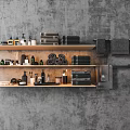 Stylish Bathroom Accessories Display On Wooden Shelves With Towels Toiletries Against Gray Wall