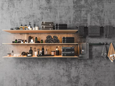 Stylish Bathroom Accessories Display On Wooden Shelves With Towels Toiletries Against Gray Wall 3d model