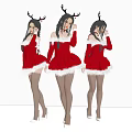 Women in Red Christmas Dresses with Reindeer Antlers Stockings and High Heels on White Background