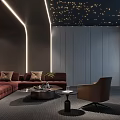 Luxurious Home Theater Room With Red L-shaped Sofa Coffee Table Brown Armchair and Starry Ceiling