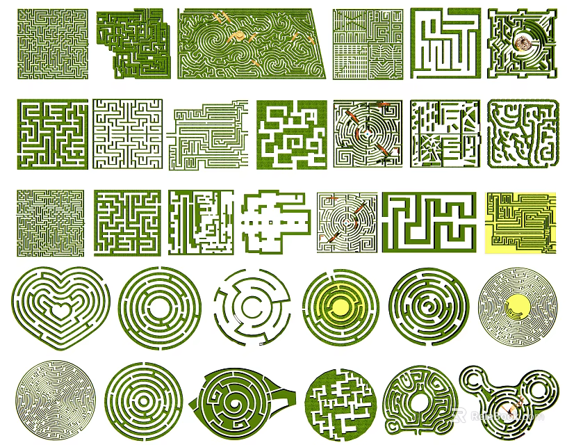 Intricate Garden Landscape Maze Designs Featuring Various Shapes And Green Patterns 3d model