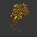 Fantasy Creature Head With Spikes Green Eyes Red Pink Body Tentacles And Yellow Details