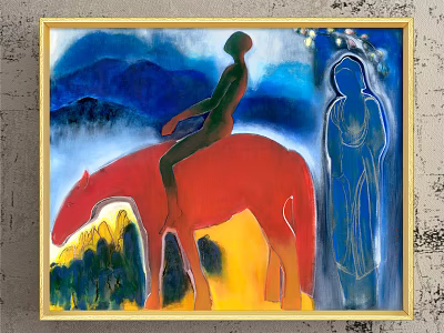 Figure Painting Featuring Person Riding Red Horse With Blue Mountains Yellow Ground And Blue Silhouette 3d model