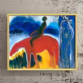 Figure Painting Featuring Person Riding Red Horse With Blue Mountains Yellow Ground And Blue Silhouette
