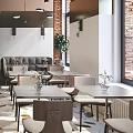 Modern Restaurant Interior With Bar Counter Stools Dining Tables Terrazzo Floor And Brick Wall