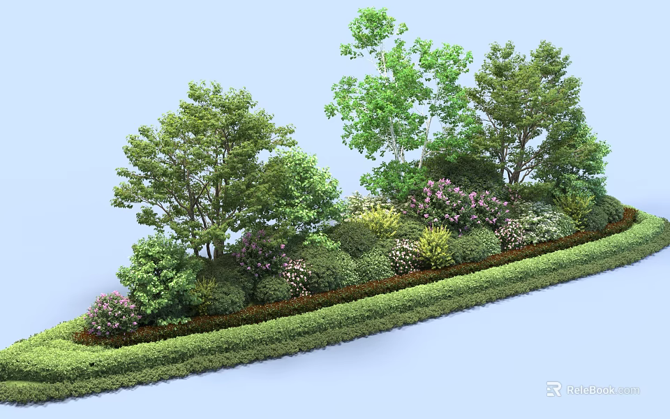 Diverse Flowering Shrubs In Garden Landscape With Green Hedges And Trees 3d model 