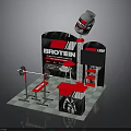 Fitness Exhibition Booth Design With BROTEIN Sign Barbell And Red Cabinets