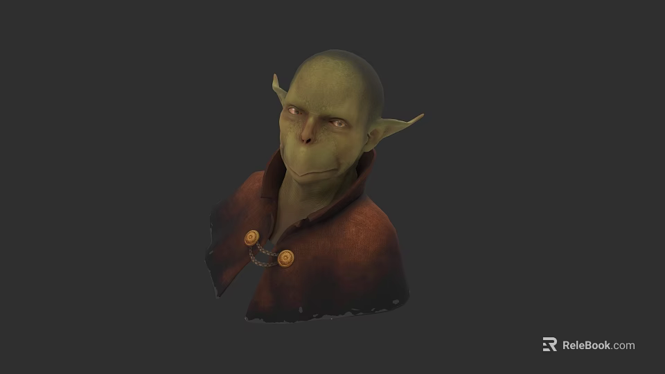Fantasy Goblin Character 3D Model With Green Skin Pointed Ears Brown Cloak And Button Details 3d model 
