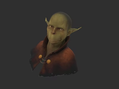Fantasy Goblin Character 3D Model With Green Skin Pointed Ears Brown Cloak And Button Details 3d model
