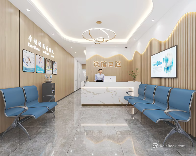 Modern Shop Reception With White Counter Blue Waiting Chairs Decorative Paintings And Ceiling Lighting 3d model 