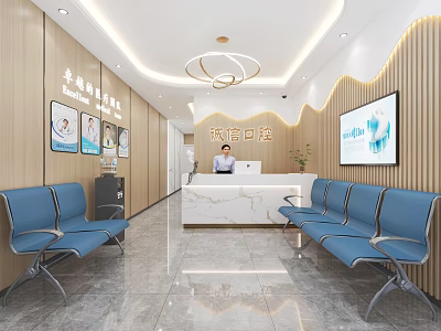 Modern Shop Reception With White Counter Blue Waiting Chairs Decorative Paintings And Ceiling Lighting 3d model