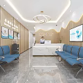 Modern Shop Reception With White Counter Blue Waiting Chairs Decorative Paintings And Ceiling Lighting
